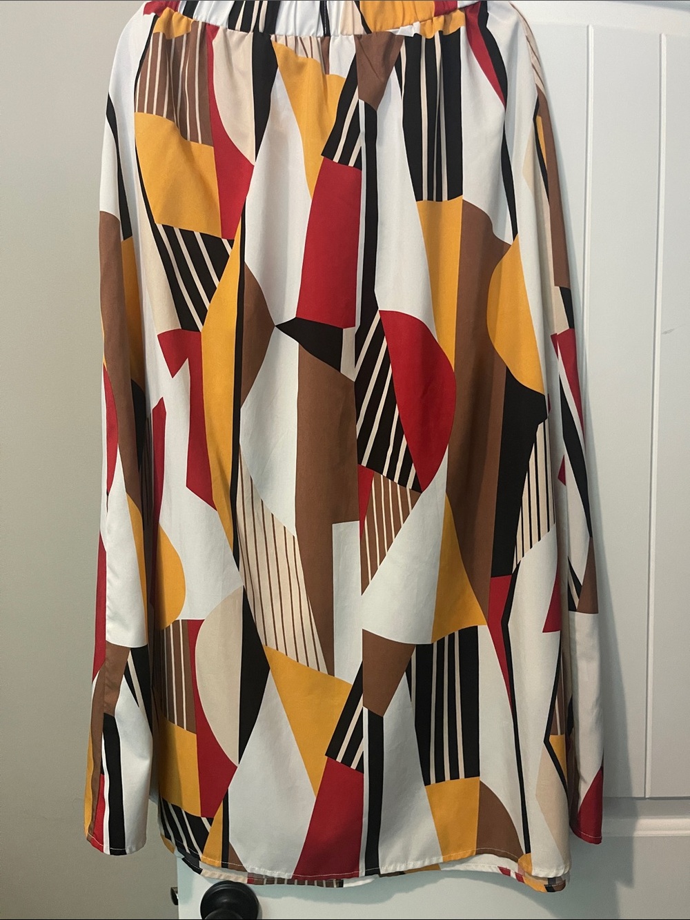 A-Line Midi Skirt in Red, Mustard, Brown & White